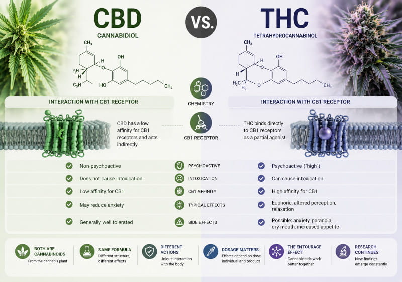 CBD-vs-THC-Vergleich mit Molekülstruktur, CB1-Rezeptor und typischen Unterschieden